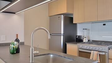 Fridge, microwave, cookware/dishes/utensils