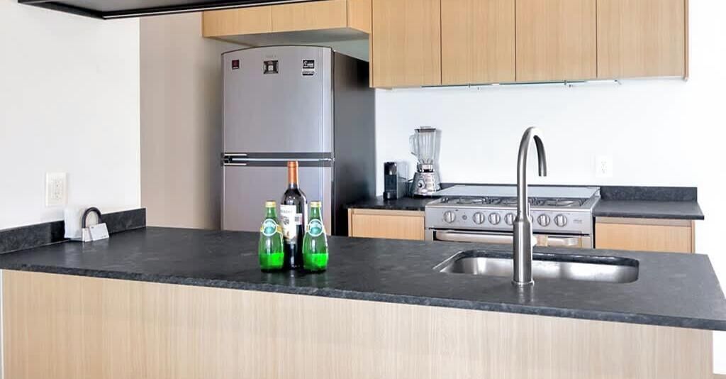 Kjøleskap, mikrobølgeovn, kokeplater og brødrister