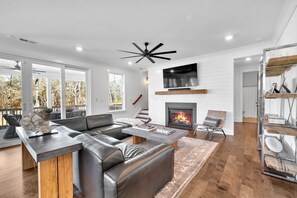 Smart TV, fireplace, foosball