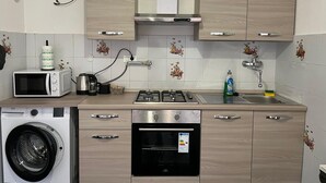 A compact kitchen with a microwave, gas stove, oven, and washing machine.