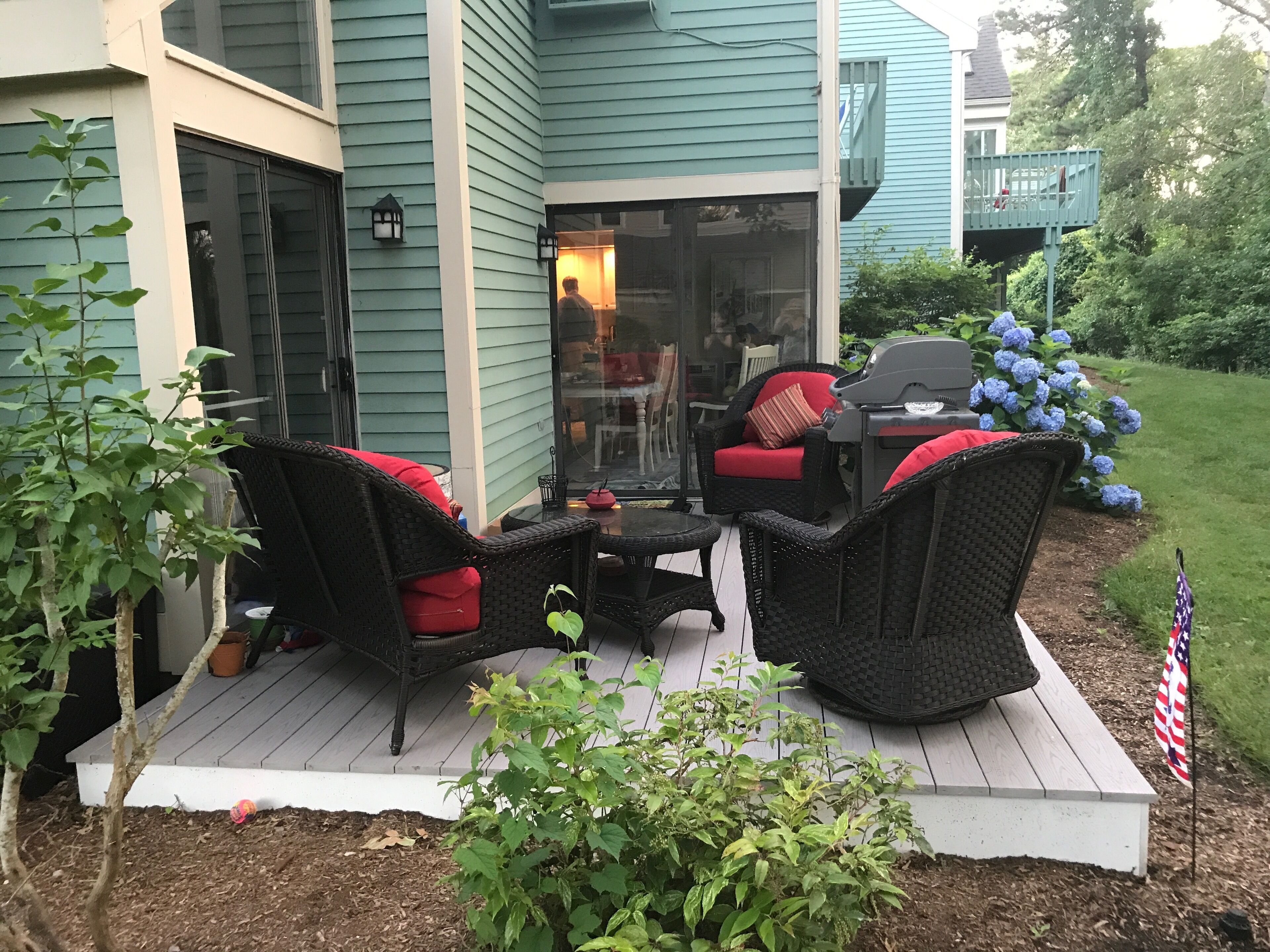 Un patio con mobili in vimini e un tavolino, circondato da un giardino con una pianta in vaso e una piccola bandiera americana.