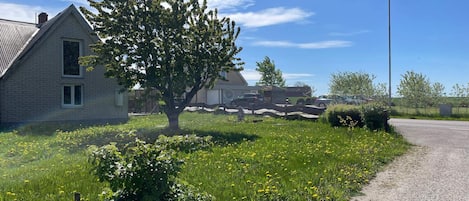 A residential area with a house, a tree, and a gravel path.