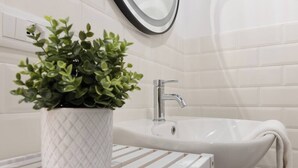 A bathroom with a white sink, a potted plant, and a towel hanging on the wall. - Trieste Time Capsule (Trieste)