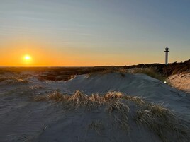 Un paysage côtier avec des dunes de sable et un phare.