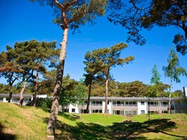 Un bâtiment doté d’un toit plat et de nombreuses fenêtres, entouré d’arbres et de zones verdoyantes.