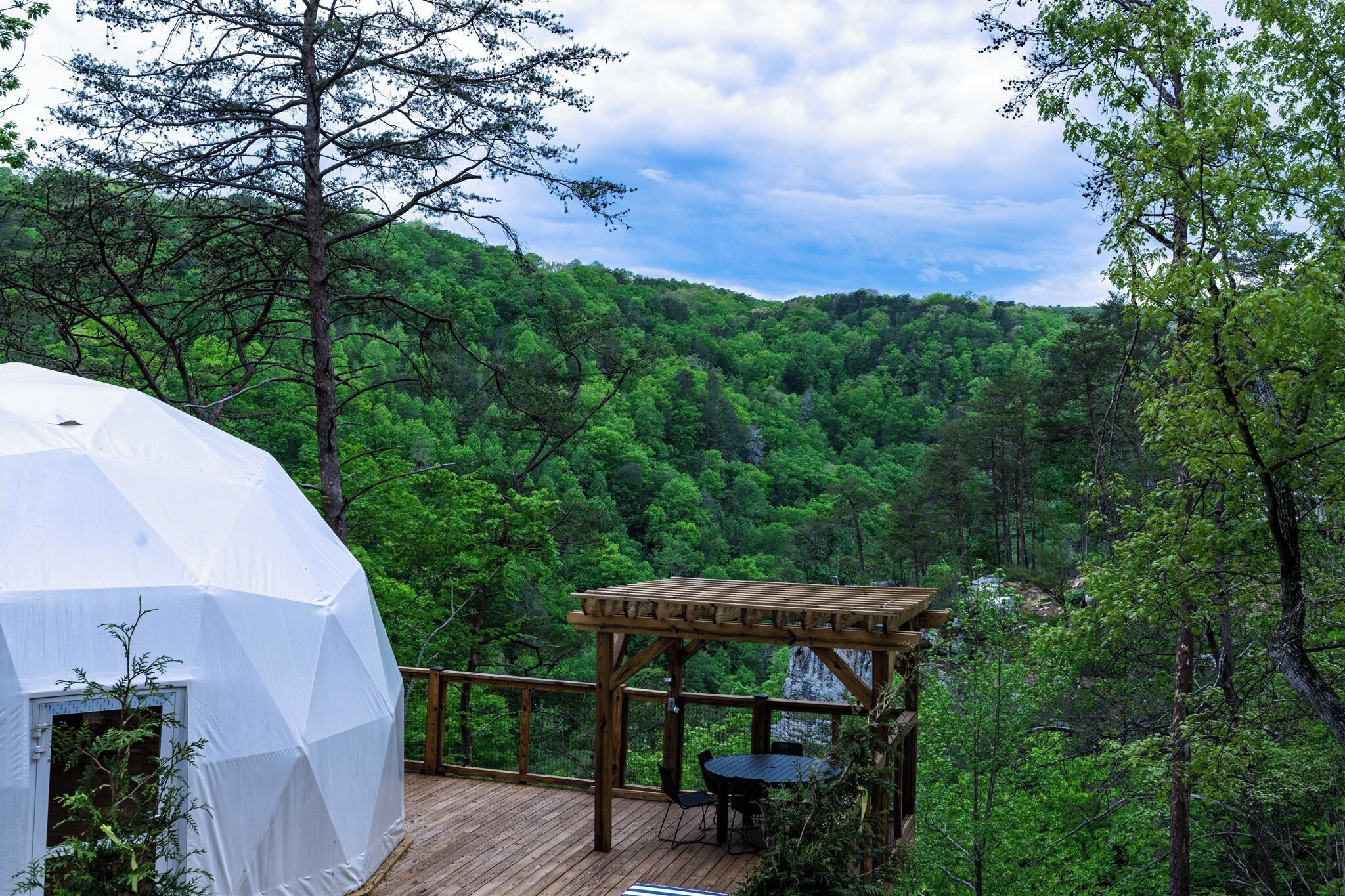 Une terrasse en bois agrémentée d’une pergola et d’une structure en forme de dôme blanc, le tout entouré d’une forêt luxuriante.