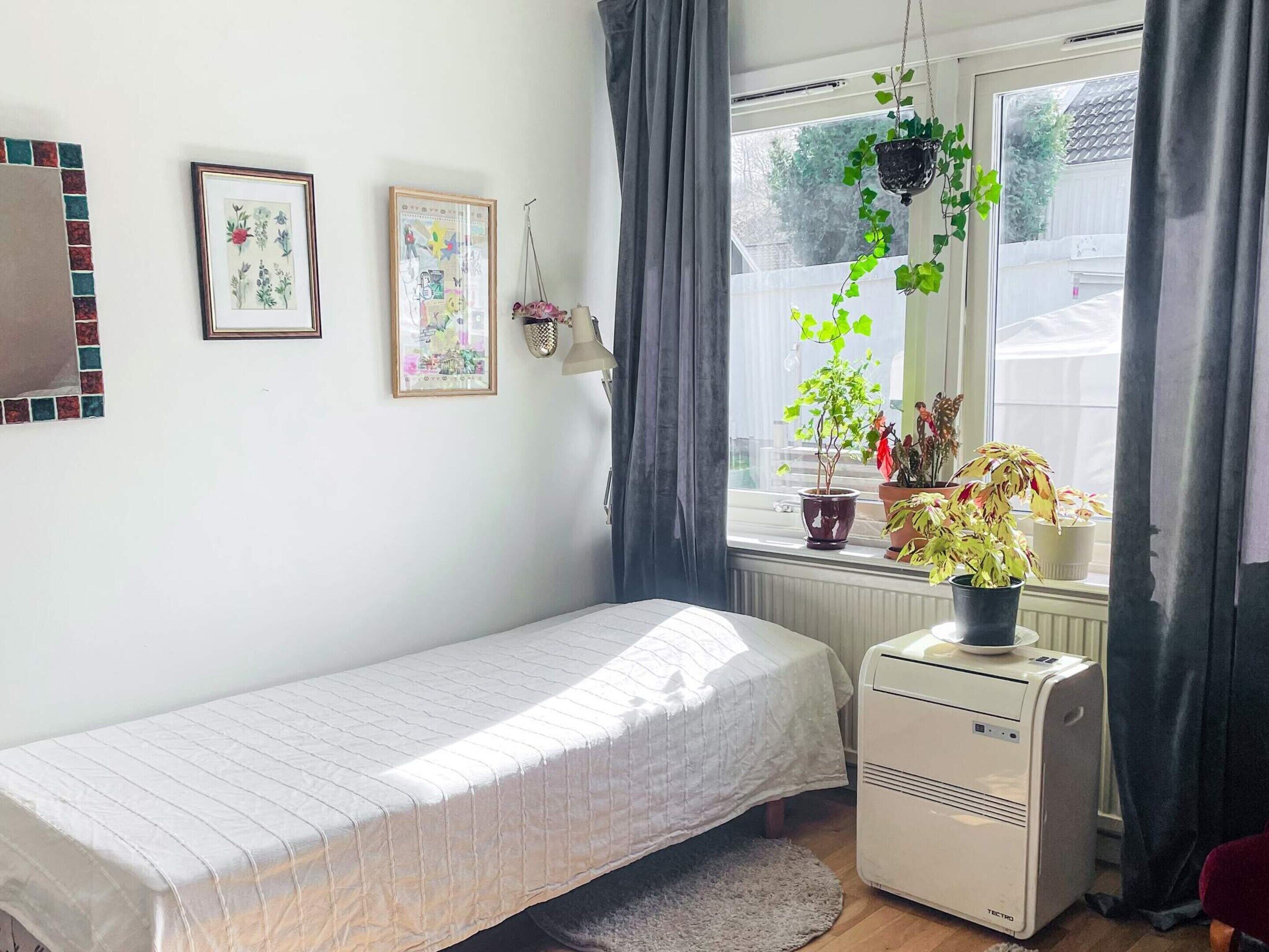 Una stanza piccola e ordinata con un letto singolo, un termosifone e diverse piante in vasi vicino a una finestra.