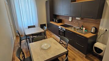 Fridge, microwave, high chair