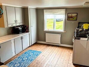 A kitchen with white cabinets, a window with a view, a radiator, and a blue patterned rug.