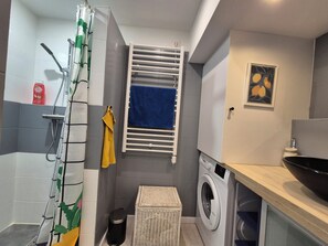 Secador de cabelo, toalhas de banho, sabonete, papel higiênico