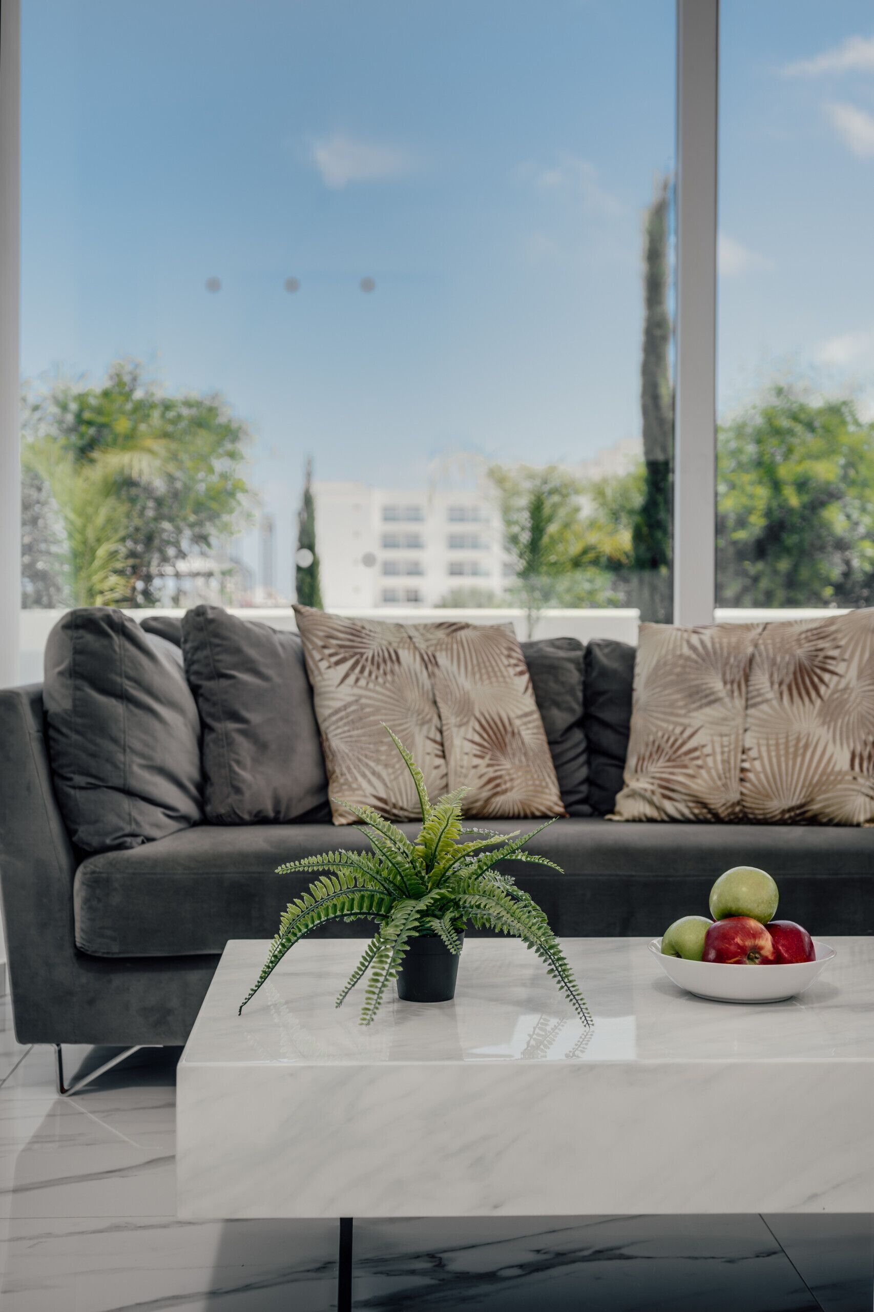 A modern living room with a grey sofa, a white coffee table, and a potted fern.