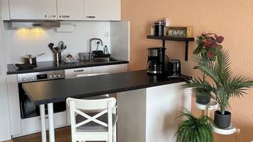 Kühlschrank, Ofen, Herdplatte, Wasserkocher mit Kaffee-/Teezubehör