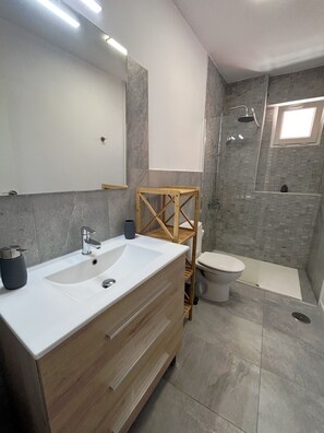 Douche, séchoir à cheveux, serviettes fournies, savon