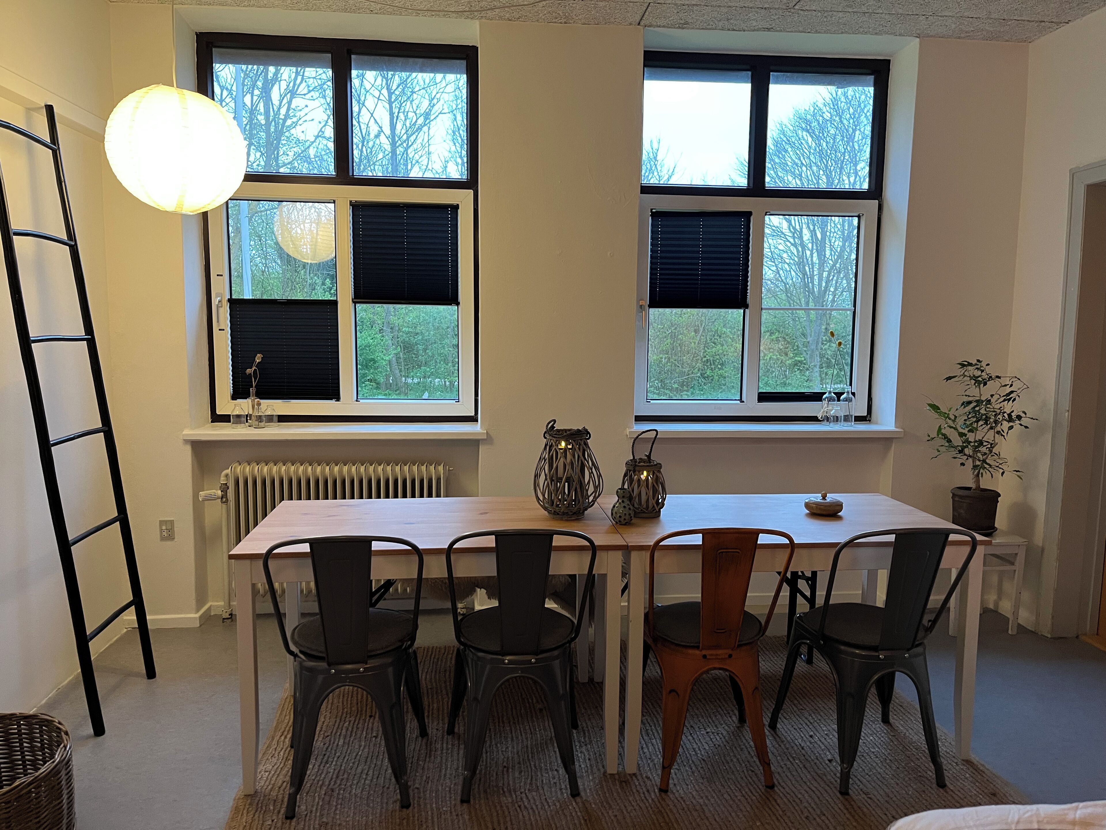 Un comedor con una mesa y cuatro sillas, dos ventanas con persianas, un radiador, una lámpara colgante y una planta en maceta.