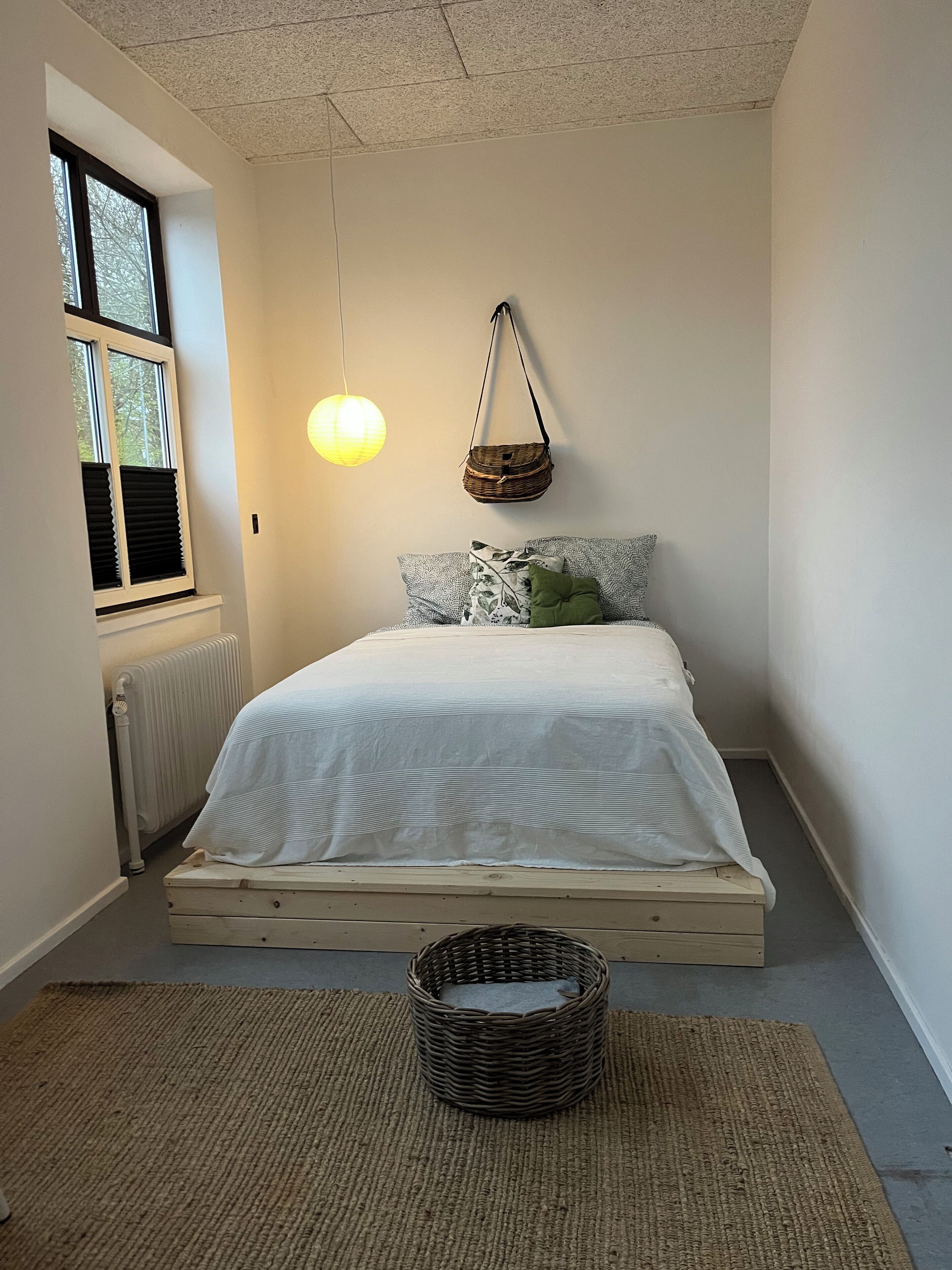 A bedroom with a bed, a hanging basket, a radiator, and a window.