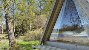 A triangular wooden structure with a glass window, surrounded by grass and trees.