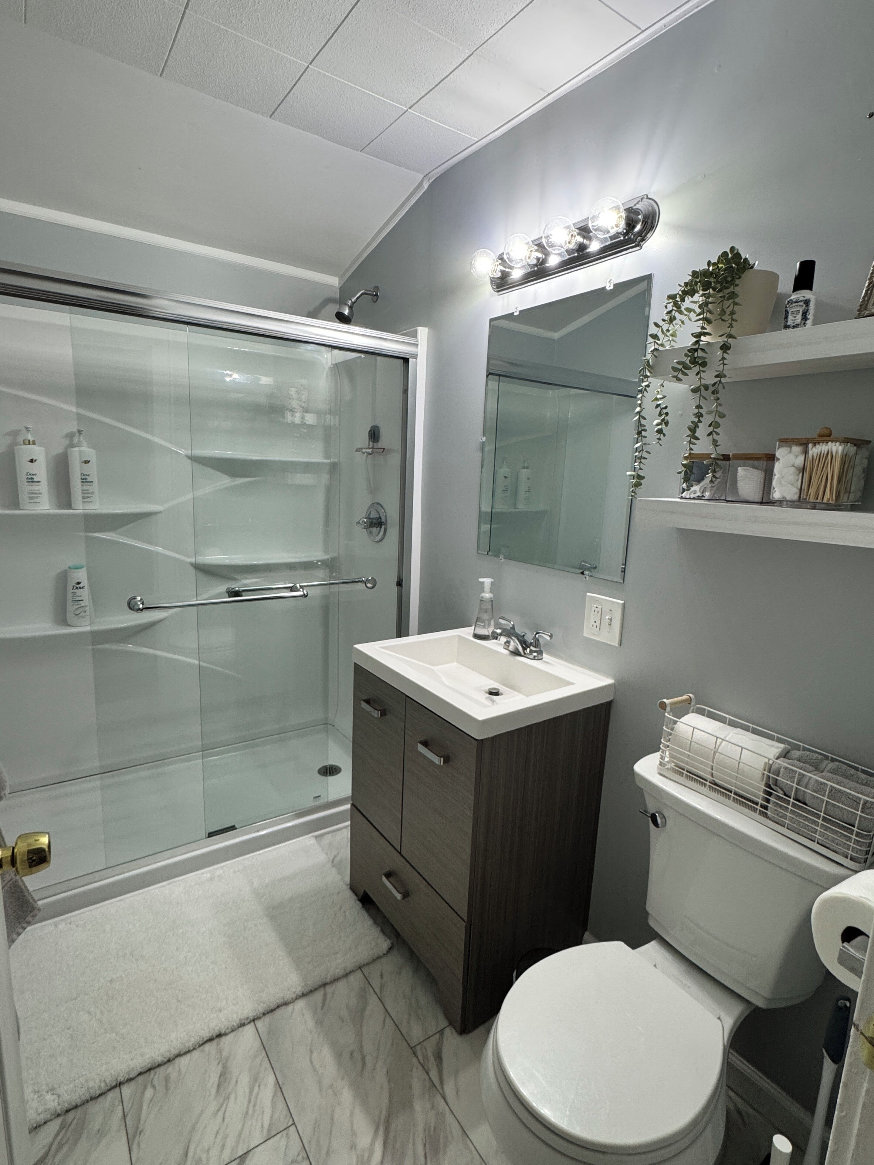 Hair dryer, towels, soap, shampoo