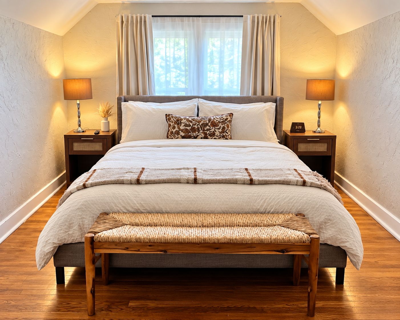 Une chambre avec un grand lit, deux tables de chevet avec des lampes, un banc et une fenêtre avec des rideaux.