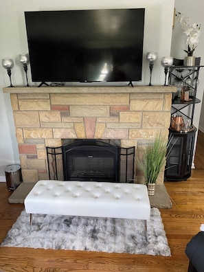 Smart TV, fireplace, books