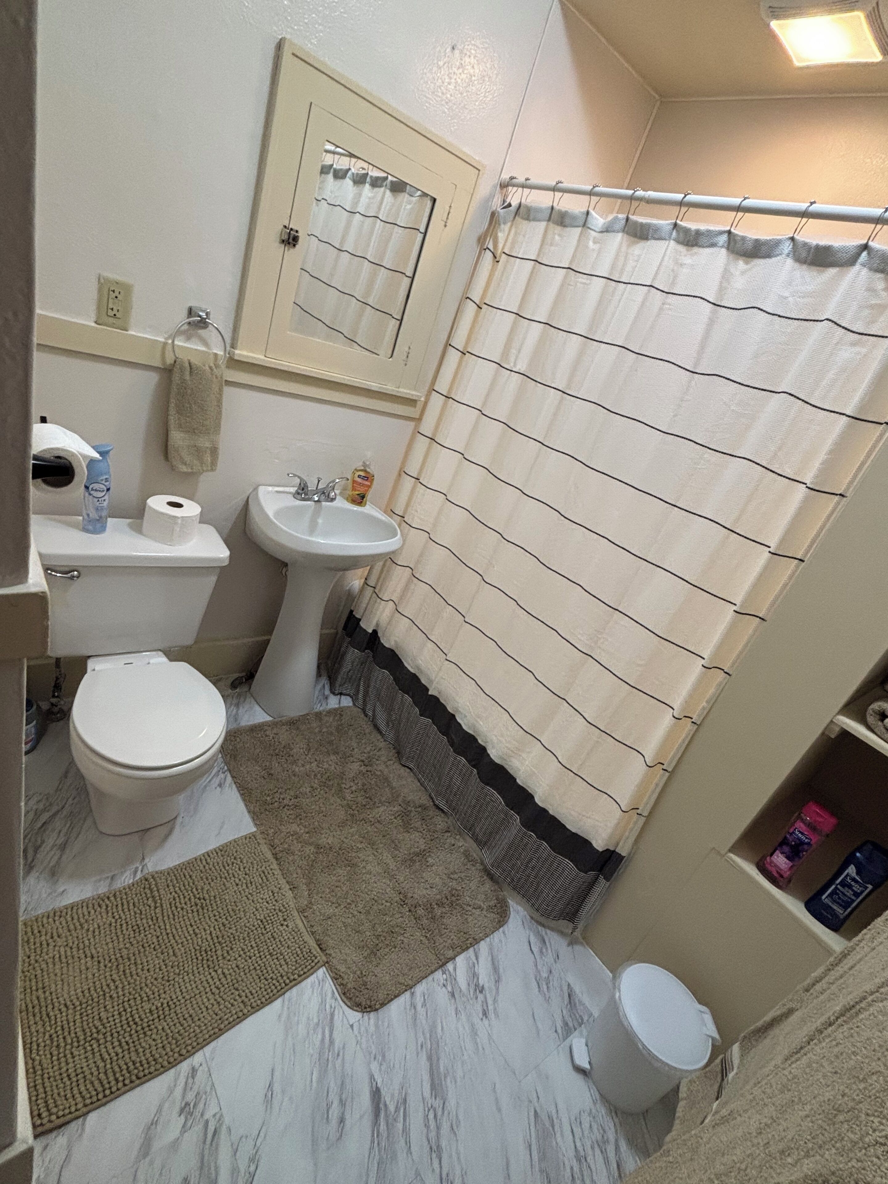 Hair dryer, towels, soap, toilet paper