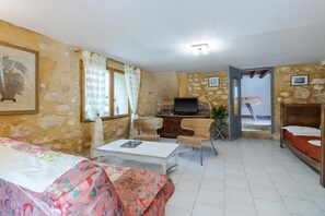 Une pièce comprenant un lit, un canapé, une télévision, une table et une chaise.