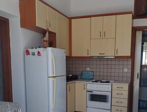 Fridge, coffee/tea maker, cookware/dishes/utensils, spices