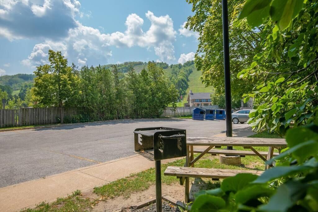 Ein Parkplatz mit Picknicktisch und Mülleimer.
