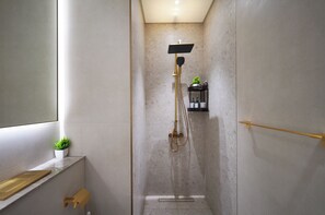 Shower, hair dryer, bidet, towels