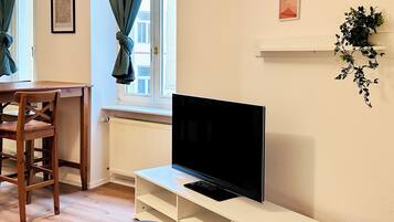 A room with a TV on a white stand, a wooden chair, a dining table, a window with curtains, a radiator, and a potted plant on a shelf.