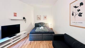 A modern living room with a flat-screen TV, a sofa, a bed with a grey mattress, and a framed artwork on the wall.
