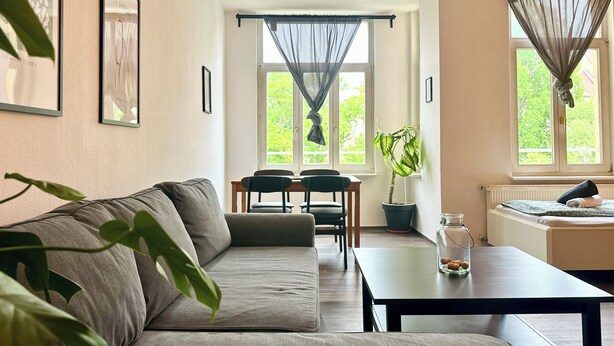 A modern living room with a sofa, dining table, chairs, and a potted plant. - Appartementhaus am Dom  (Halle (Saale))