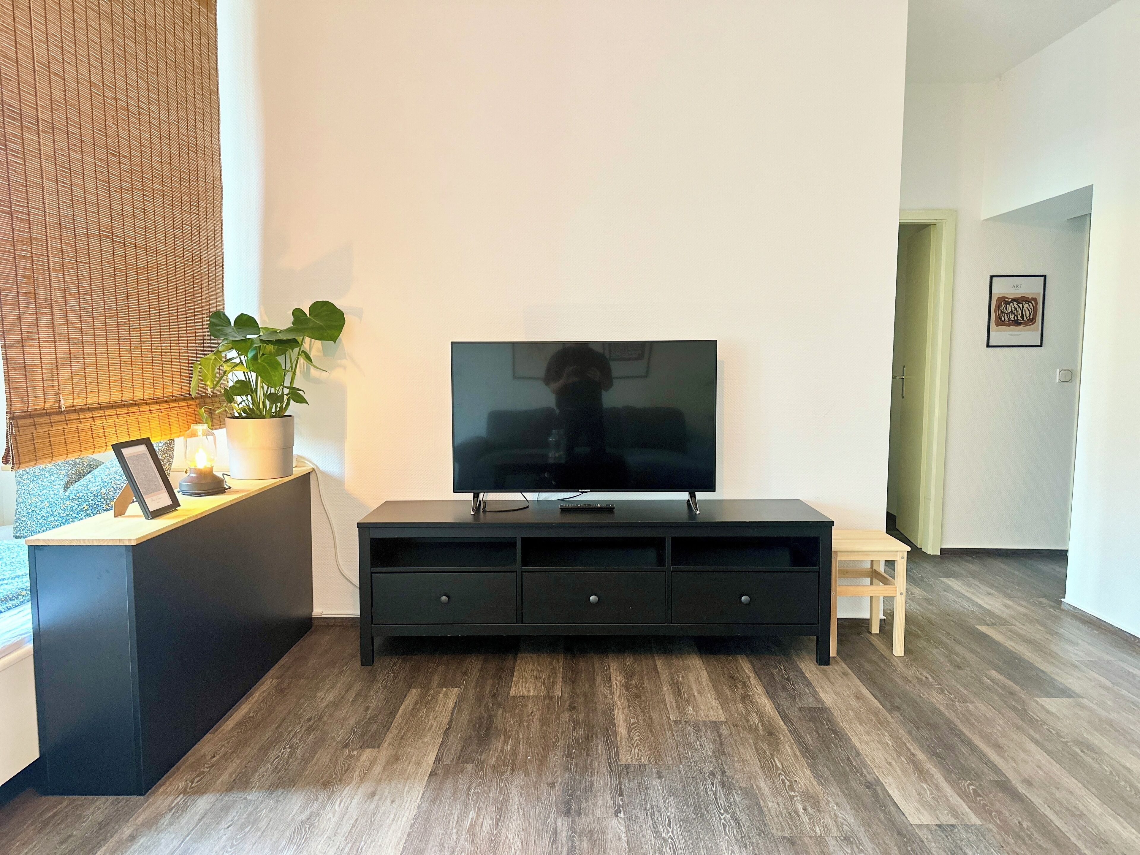 A modern living room with a flat-screen TV on a black entertainment unit, a potted plant, and a framed picture on a side table.