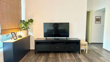A modern living room with a flat-screen TV on a black entertainment unit, a potted plant, and a framed picture on a side table.