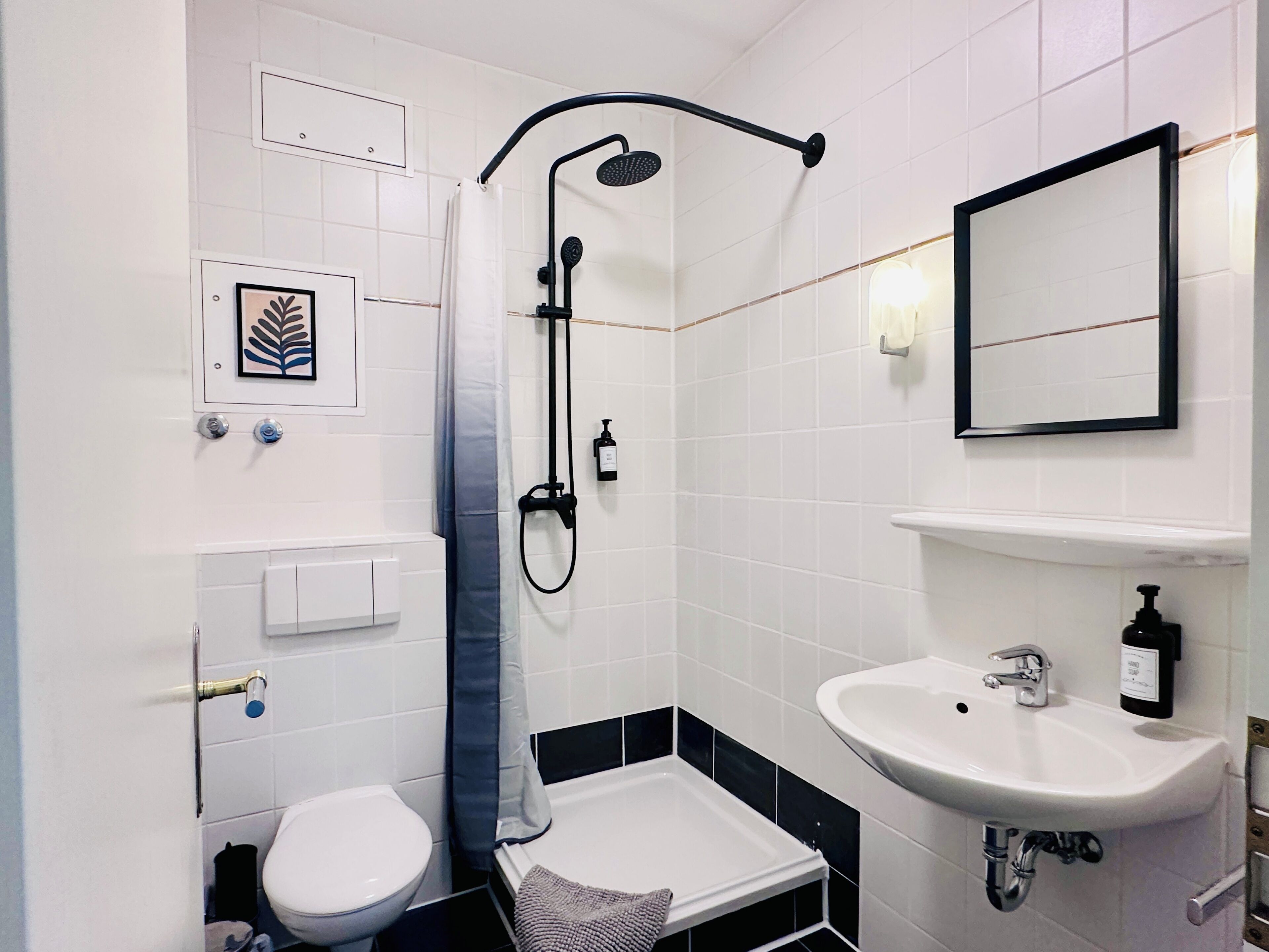 Un baño con un inodoro blanco, una ducha con manguera negra, un lavamanos blanco con un espejo encima y una foto enmarcada en la pared.