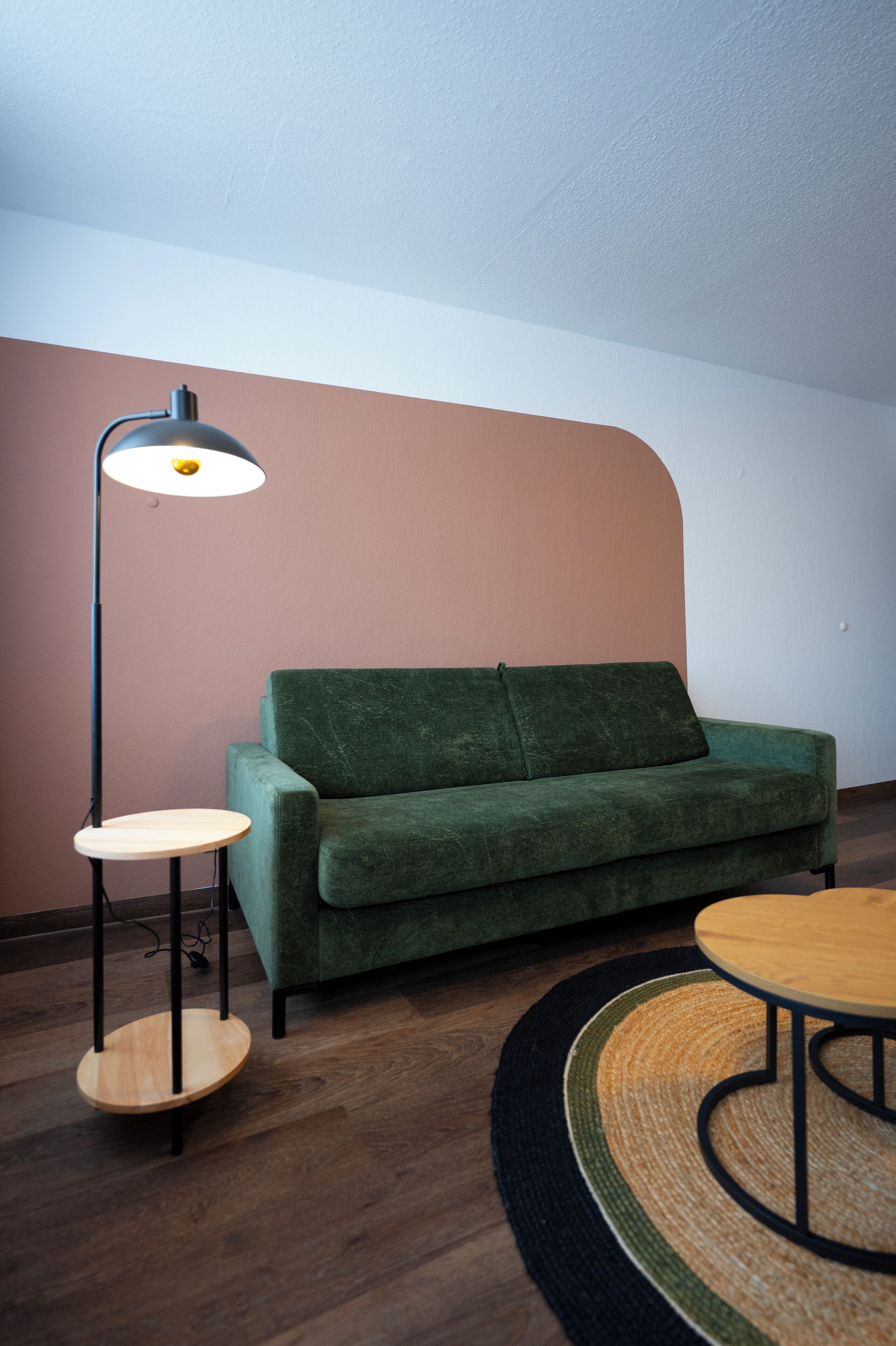 Une pièce avec un canapé vert, une petite table ronde, un lampadaire et un tapis à motifs.