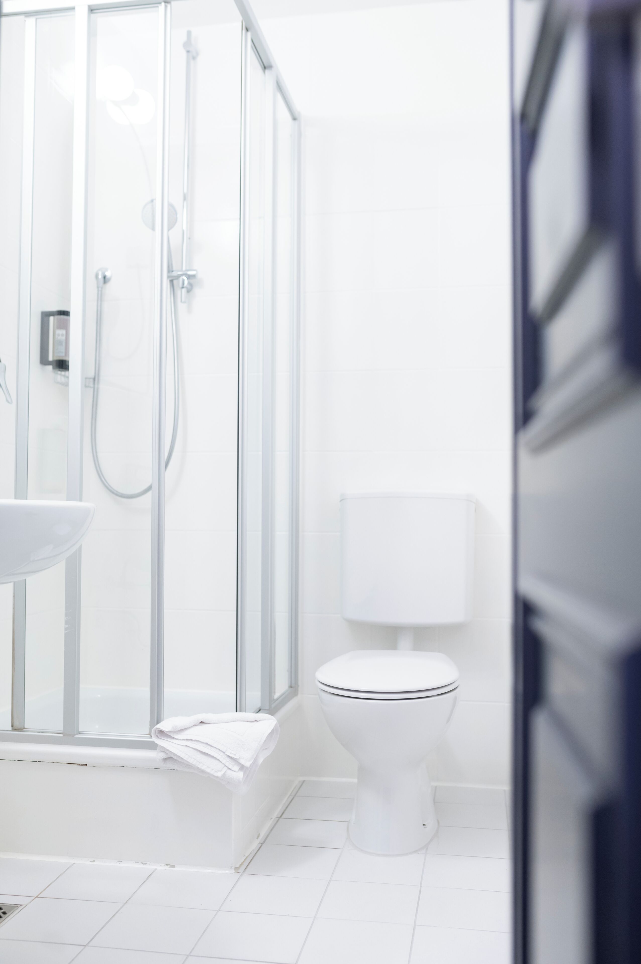 Une salle de bain moderne avec une douche à parois de verre, un lavabo blanc et des toilettes.