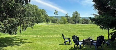 Ein Rasenbereich im Freien mit mehreren Adirondack-Stühlen, die halbkreisförmig angeordnet sind.