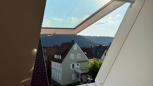 Ventana de tragaluz con vista a casas y una montaña al fondo.