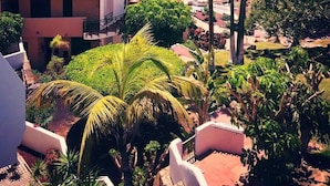 A coastal resort with multiple buildings, palm trees, and a view of the sea.