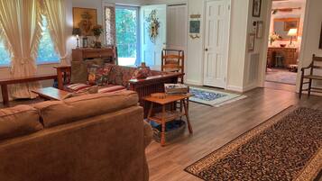 Smart TV, fireplace, books