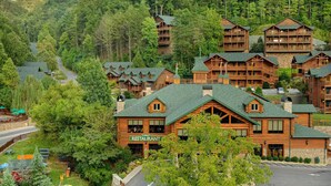 A log cabin-style hotel with multiple buildings, a restaurant, and a road winding through a forested area.