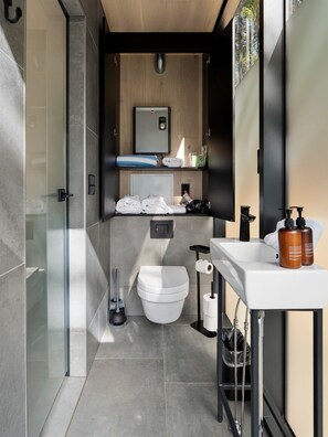 Douche, séchoir à cheveux, serviettes fournies