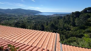 Ein mit Terrakotta-Ziegeln gedecktes Dach, eine gebirgige Landschaft und ein weiter See in der Ferne.