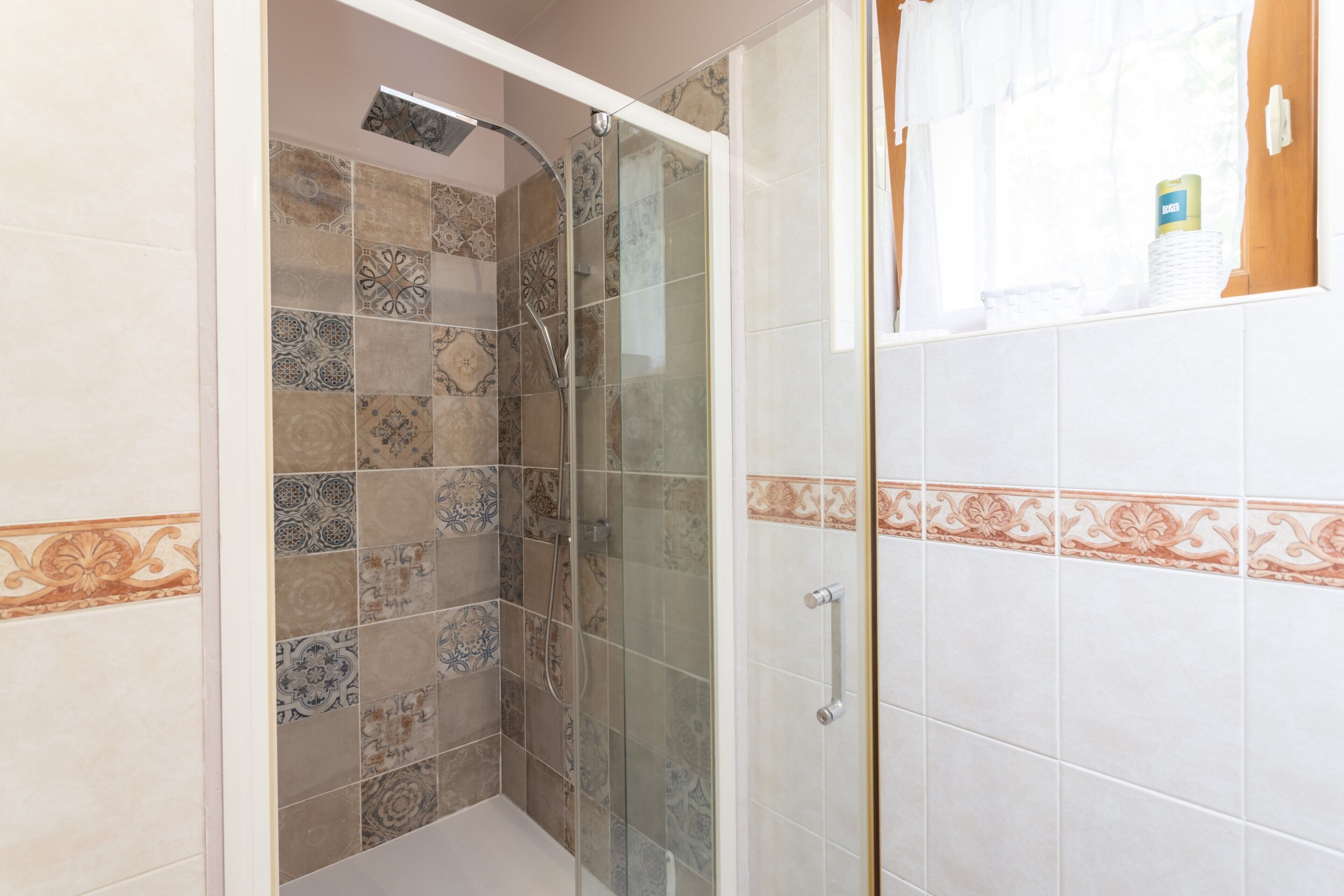 Un espace douche avec des carreaux décorés et une porte en verre.