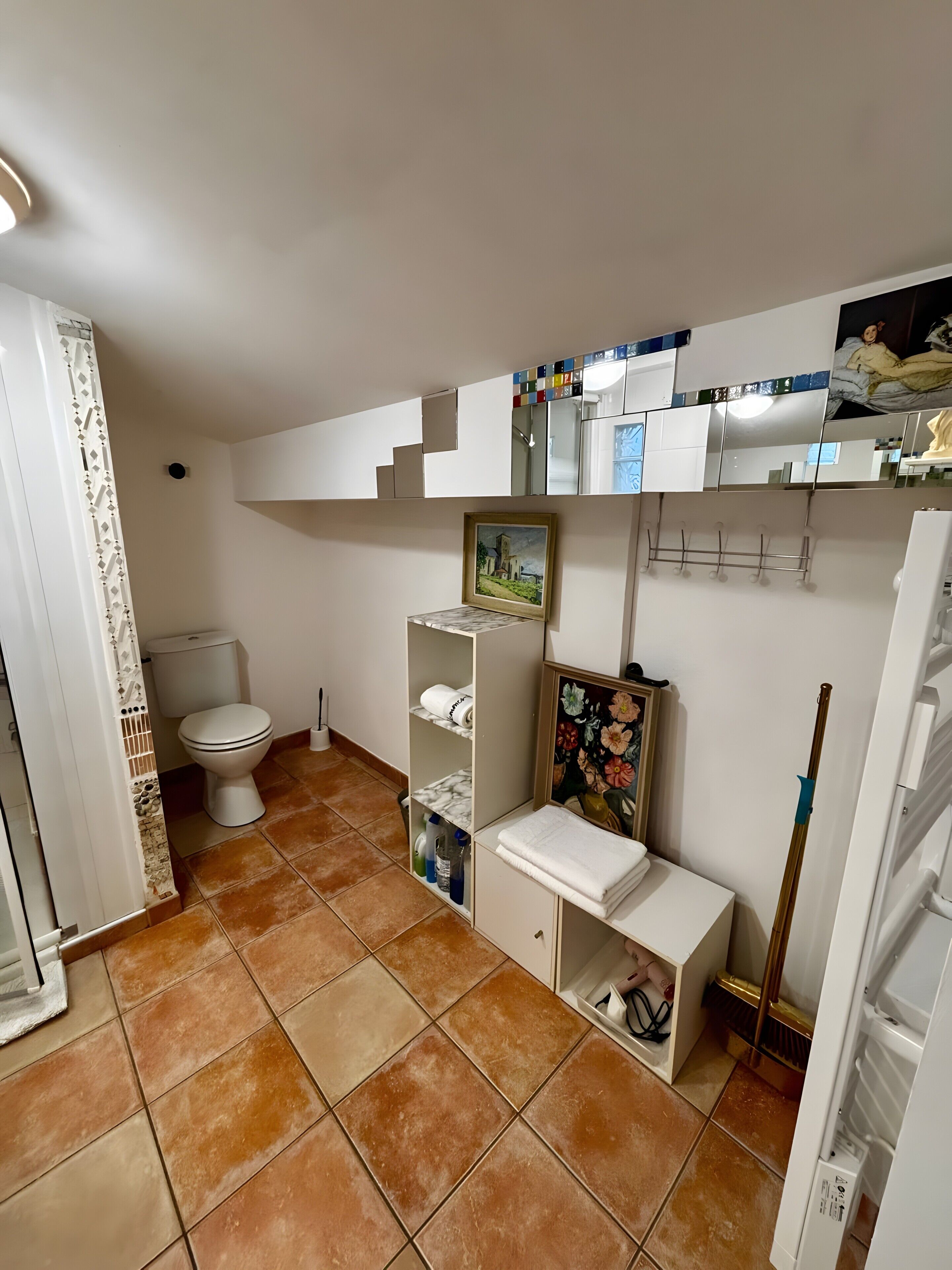 A bathroom with a toilet, shelves with toiletries, a painting, and a mop.