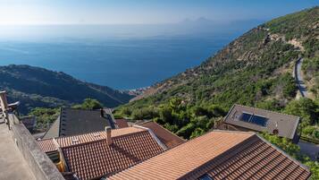 A coastal village with terracotta-roofed buildings, a winding road, and a view of the sea.