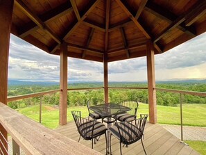 Outdoor dining - The Den at Bear Roots Tree Farm - 4-bedroom cabin with AC, WiFi in Mars Hill (Mars Hill)