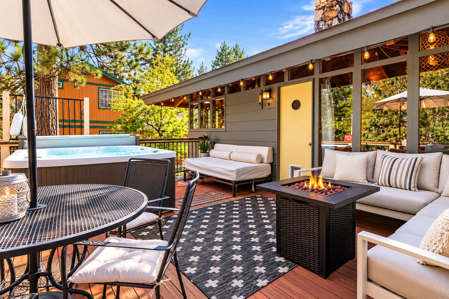 Un patio exterior con un jacuzzi, una zona de estar y una chimenea.