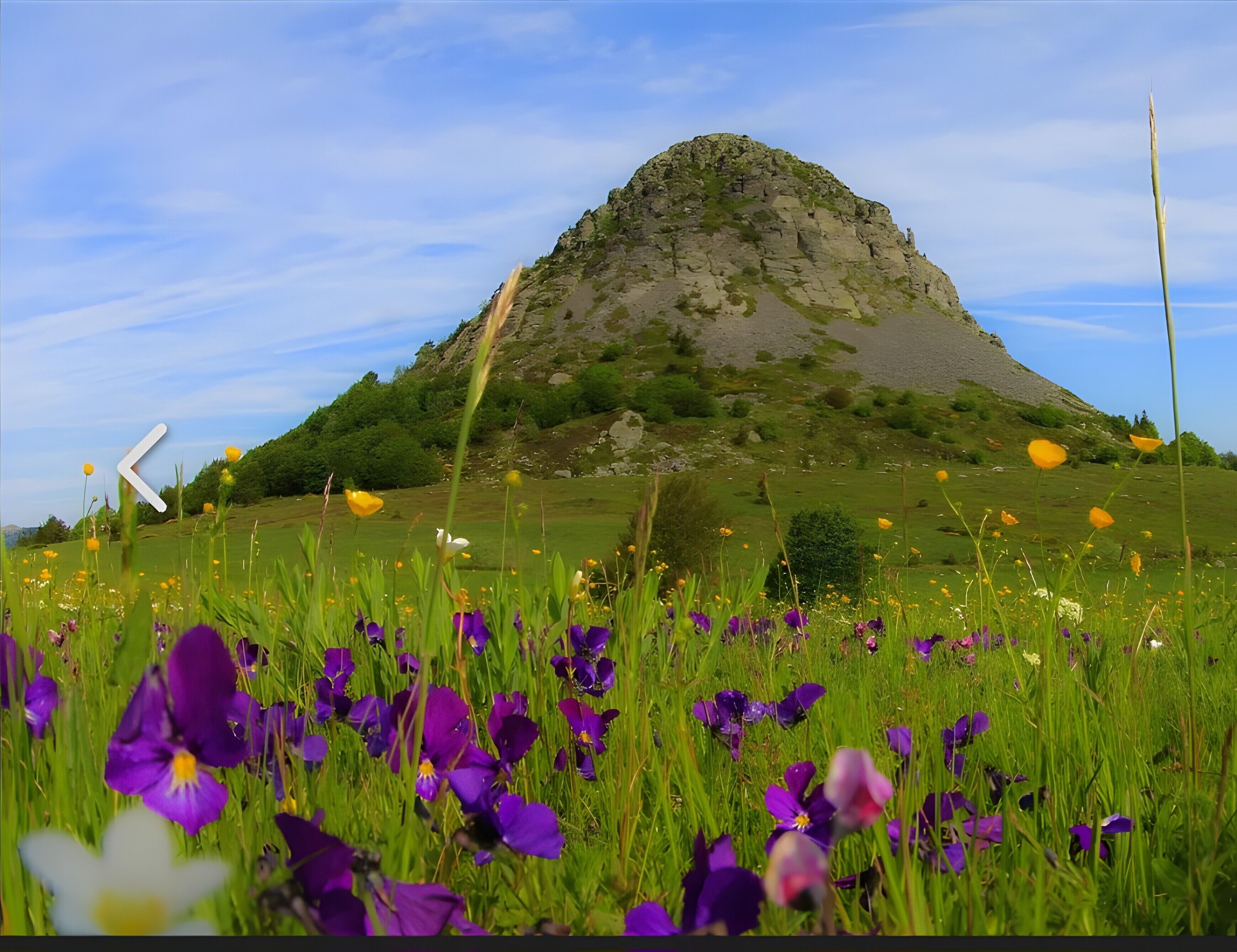 Un paysage montagneux avec un champ verdoyant au premier plan et un ciel dégagé.