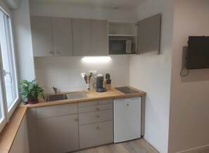 Fridge, microwave, stovetop, coffee/tea maker